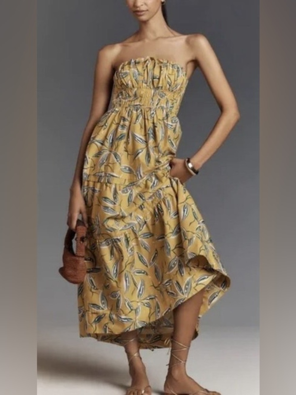 Anthropologie Somerset Yellow Strapless Floral Midi Dress